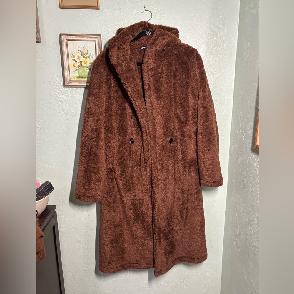 Fuzzy brown teddy coat